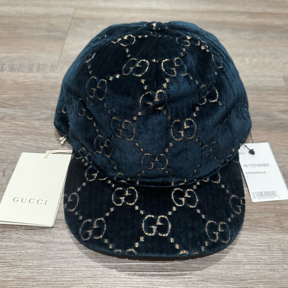 Gucci Double GG Logo Sapphire Blue Gold Velvet Baseball Cap Hat
